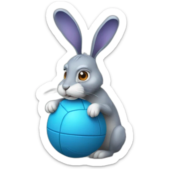 Blue hare in the form of a ball (a ball with a face on it, and arms, legs, ears, tail sticking out from it) sticker