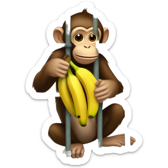 The monkey's outside. Banana inside the cage.  Monkey trying to get the banana out of the cage sticker