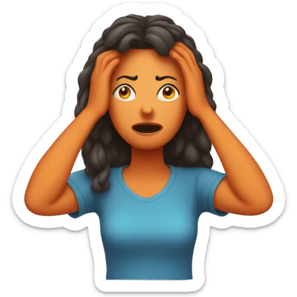 frustrated woman with hands on her head with an orange t shirt sticker