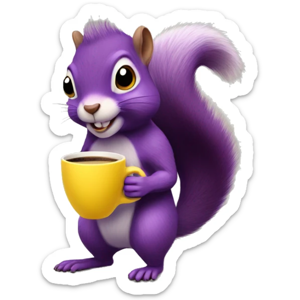 purple animated squirrel in a yellow dress with a large mug of coffee in its paws sticker