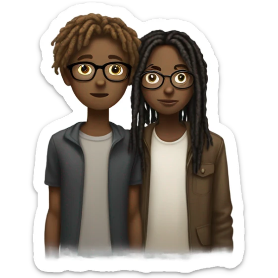 Black teenager with dreads kissing a taller white teenager with glasses , short brown hair , and a few freckles . sticker