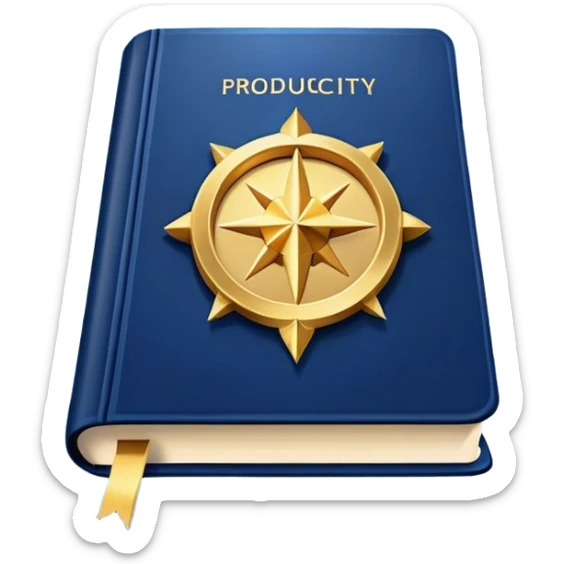 A navy blue productivity book with gold details, chart with upward trend aura, radiating productivity, strategy, and success in motion- sticker