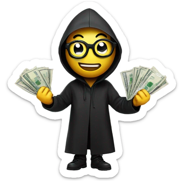 Smiley face in black glasses with money in his hands in a black raincoat sticker
