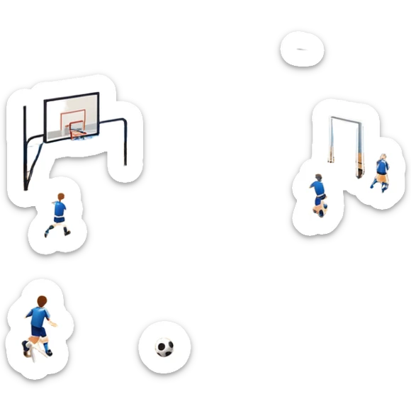 A mini-football match in an indoor sports hall with a wooden floor and clear court markings. The scene captures players in action, with the ball moving towards the goal, and the surrounding bleachers and overhead lights adding to the atmosphere of a competitive game. sticker