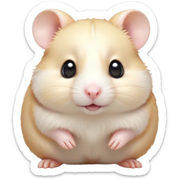 Cinematic Cute Cream Hamster Portrait Emoji, Head tilted playfully and inquisitively, featuring a silky, pristine cream fur with a gentle sheen, round, sparkling dark eyes filled with curiosity, Simplified yet irresistibly adorable features, highly detailed, glowing with a warm, friendly glow, high shine, affectionate and lively, stylized with a touch of whimsy, bright and endearing, soft glowing outline, capturing the essence of a mischievous yet loving hamster, so playful it feels like it could dash out of the screen and into your arms! sticker