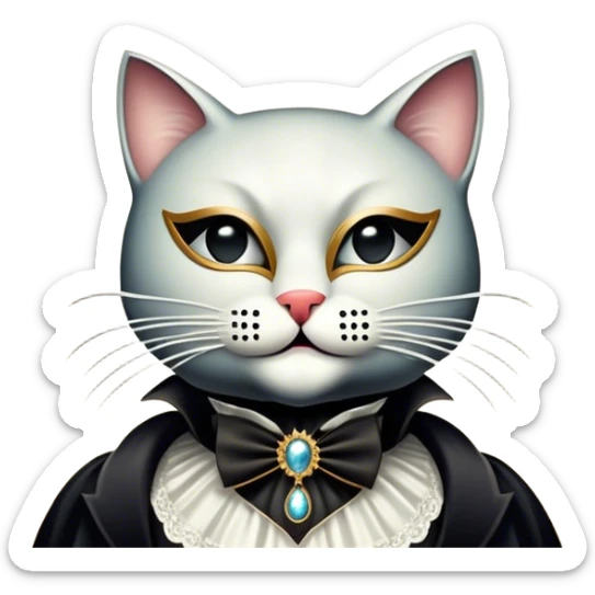 Icon for Musical Movie: A vintage movie poster-style design inspired by Cats or The Phantom of the Opera. Include dramatic theatrical elements like a mysterious mask, a grand chandelier, a cat in a costume, and a stage with dramatic lighting. Retro cinematic vibe. Transparent background. sticker