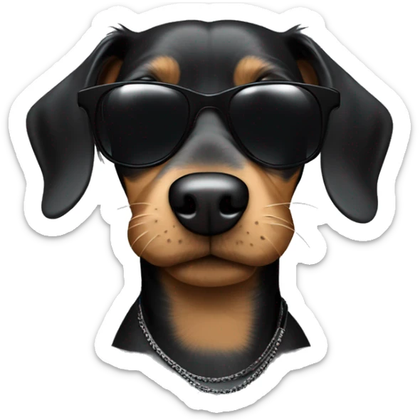 A rapper dog with all black and cool sunglasses. The dog is a miniature wired haired dachshund sticker