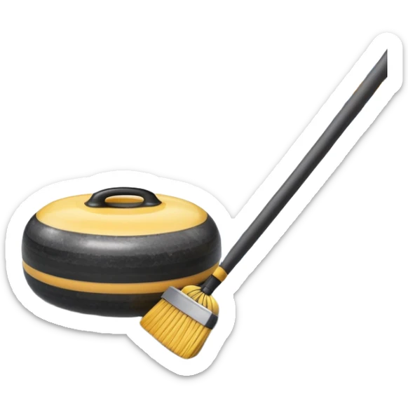 An icon showing a detailed close-up of a curling stone sliding across the ice, with a broom in motion beside it. The background features an indoor stadium with cheering spectators on the stands. Transparent background captures the strategy and focus of curling. sticker