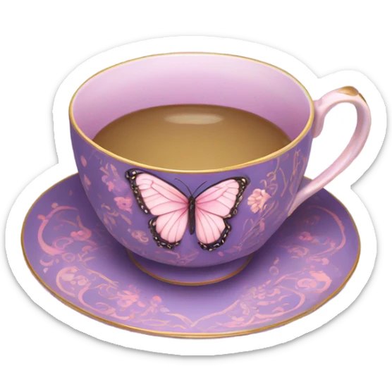 A delicate butterfly with pastel pink wings, resting on the edge of a purple porcelain teacup adorned with intricate violet floral patterns. sticker