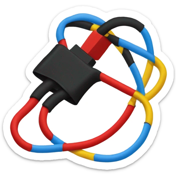 Un câble electrique noir cassé, légèrement courbé. Fils : Trois fils colorés (rouge, bleu, jaune) sortent du câble. Effets : Étincelles ou éclairs subtils autour des fils pour suggérer de l'électricité.Aucune caractéristique anthropomorphique sticker