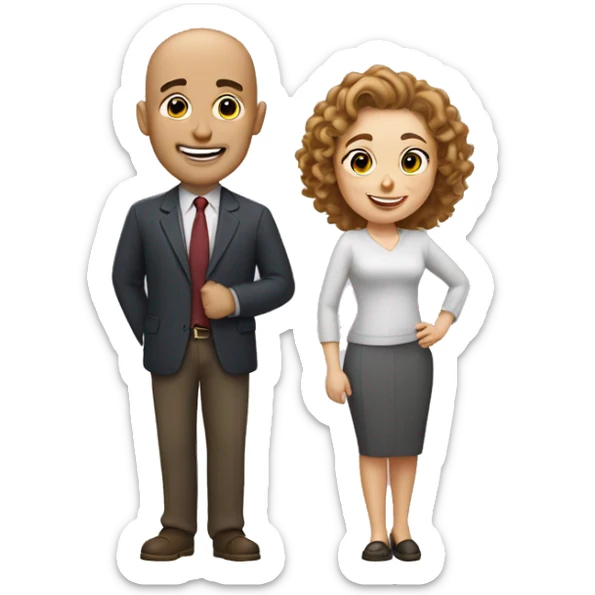 bald man without glasses and a shorter woman with brow curly hair, both smiling and waving hi sticker