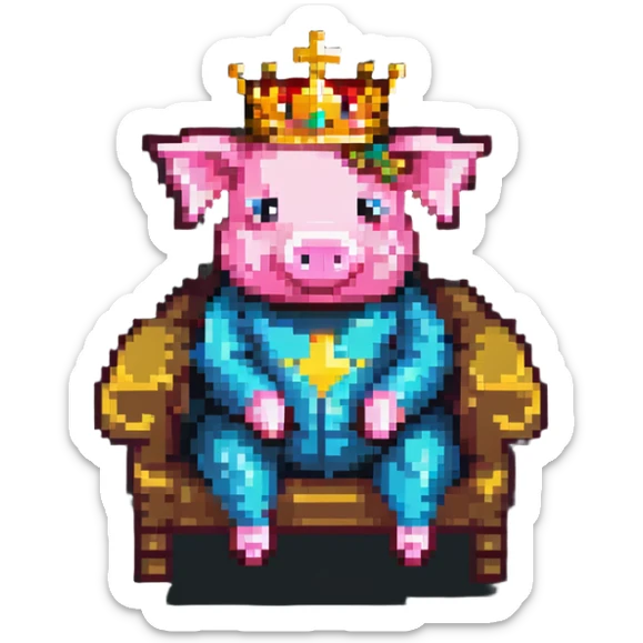 cartoon-like pixel art pig with a golden crown sitting on a throne, blocky and square like Minecraft, styled to look like LEGO Duplo blocks, chunky, colorful, simple sticker