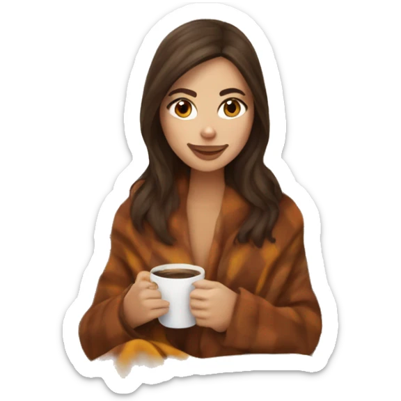 Brunette white girl covered in blanket autumn vibe sitting on a cozy chair holding coffee sticker
