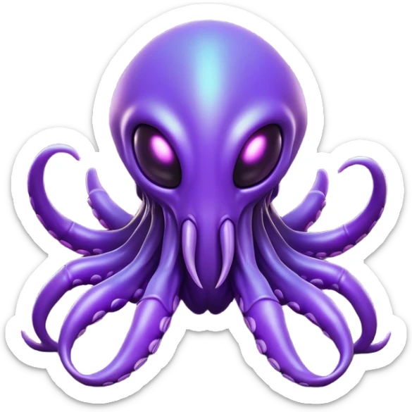 Clash of Clans aesthetic: Cinematic Playful Zerg Alien Emoji, rendered in a 3D vector-style similar to standard emojis with minimal shading and bold, simplified shapes. A compact, isometric, otherworldly creature with insectoid, organic details and subtle, eerie tentacles, softly glowing with a sinister alien charm. Simplified yet unmistakably iconic, highly detailed and consistent, glowing with a soft, spectral radiance and high shine. Stylized with a touch of bio-engineered mischief and a soft glowing outline, capturing the essence of a fearsome extraterrestrial menace with a playful twist! sticker