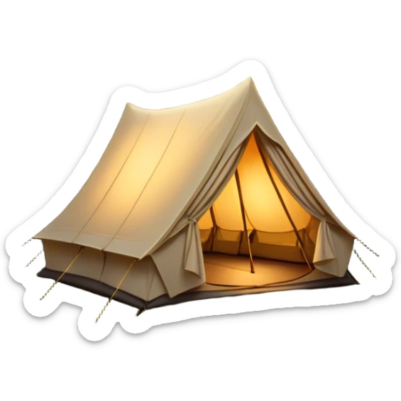 Cinematic Realistic Tent, a sturdy canvas tent nestled among tall trees, warm golden light spilling from inside, gentle folds in the fabric visible, glowing against the cool, dark forest backdrop, evoking a sense of adventure and comfort. sticker