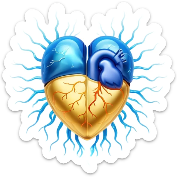 Golden omega-3 fish oil capsule with ethereal blue glowing aura connecting to a translucent heart and brain, showing energy flowing between them, with soft light waves sticker