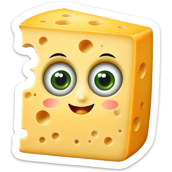 A piece of cheese that is cartoony with big eyes and is wearing a green suit  sticker