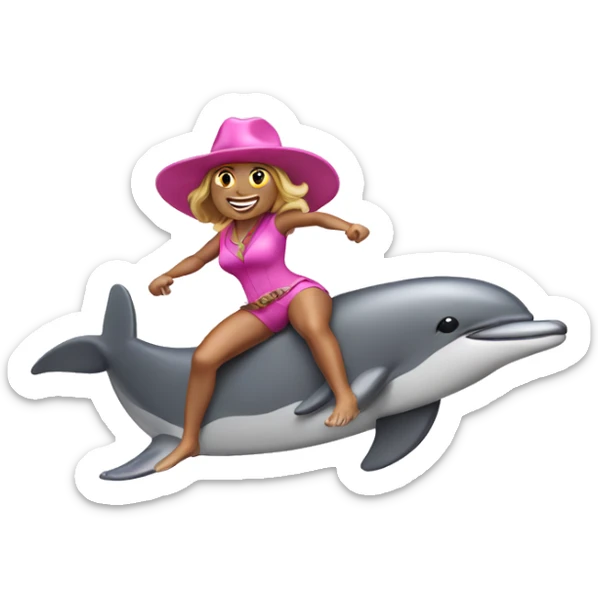 woman surfing a wave on a dolphin with a pink cowboy hat sticker
