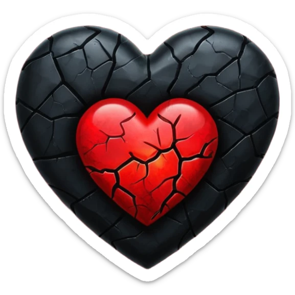 iOS style emoji, dark fantasy heart, black cracked heart, red inner glow, glossy sticker