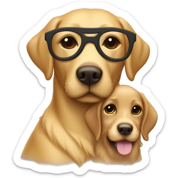 Golden Labrador retriever cuddles with a girl with brown hair, glasses and a nose piercing sticker