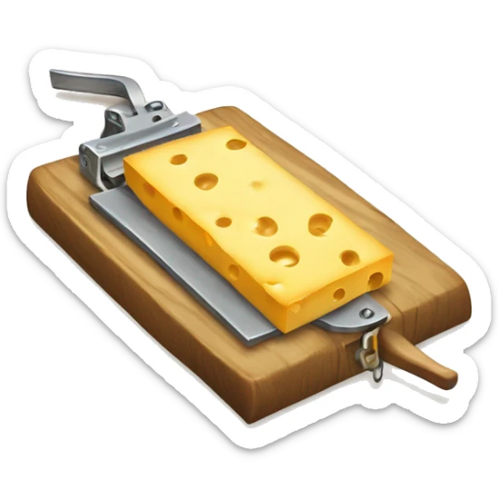 A mousetrap with a piece of cheese on it. The mousetrap should be classic wooden style, with the cheese placed on the trigger mechanism. The cheese should be a small, yellow wedge. sticker