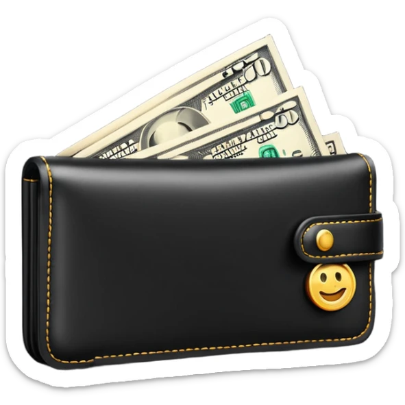 Rich emoji style black leather wallet with dollar bills, luxury money vibe, premium 3D emoji, ultra clean, high detail, no background
 sticker