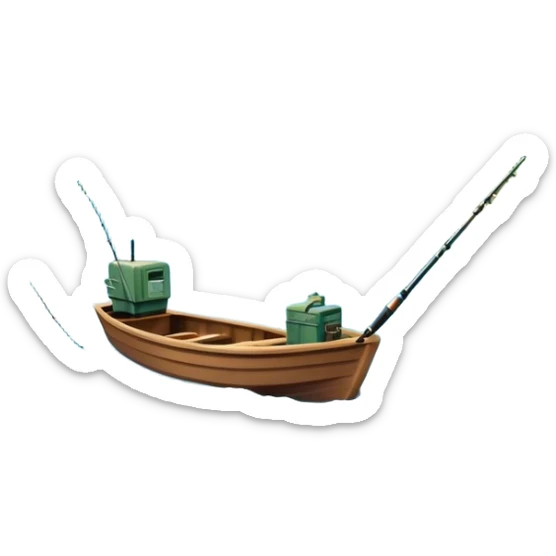 Icon for Fishing Travel: a boat on a calm lake surrounded by mountains and lush greenery, with fish jumping out of the water, a fishing rod, tackle box. The icon should capture the peaceful and adventurous nature of fishing trips. Transparent background. sticker