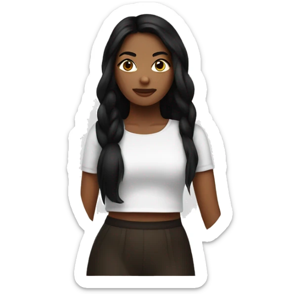 back of a brown women, with black hair and, a white crop top sticker