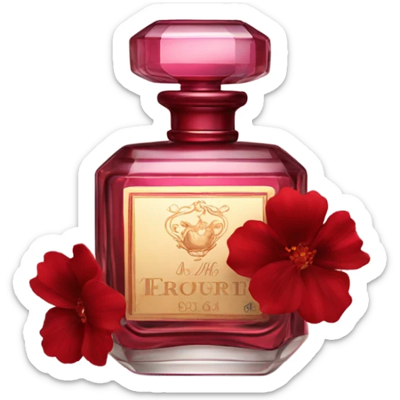 Dark red vintage French style perfume bottle with red stock flowers sticker