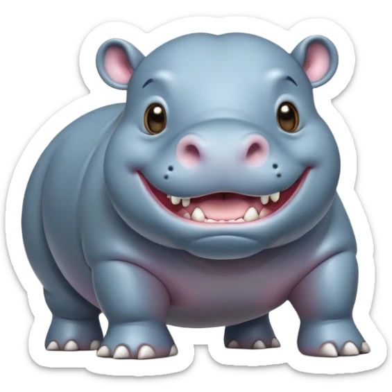 cinematic-hippo-realistic-full-body-side-view-standing-on-all-fours-emoji,-massive-round-frame,-wide-mouthed-grin-exposing-huge-teeth,-head-tilted-dramatically,-thick-greyish blue-hide-glossy, big cute eyes sticker
