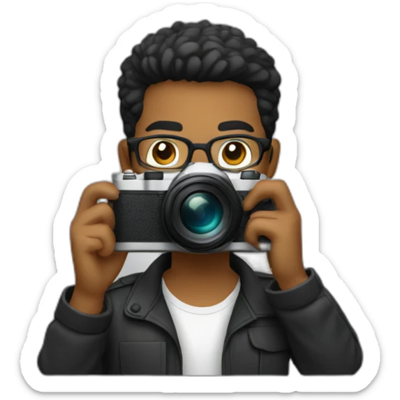 a photographer, young, black, short hair, beard, wearing glasses and with camera in hand. Using black sticker