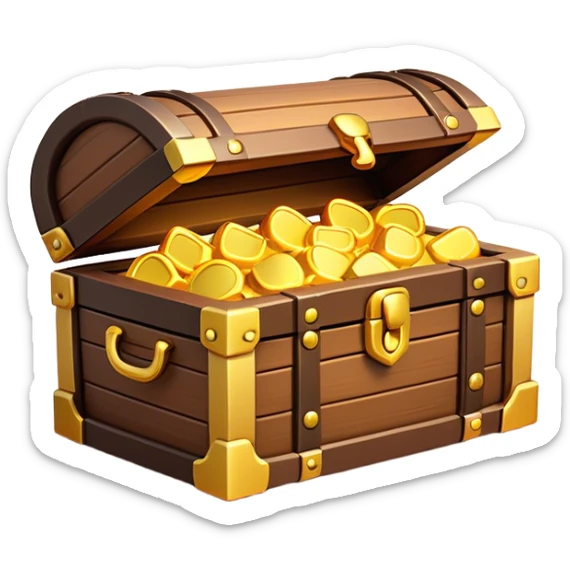 Clash of Clans aesthetic: Cinematic Playful Pixel 3D Treasure Chest Emoji, rendered in a 3D vector-style similar to standard emojis with minimal shading and bold, simplified shapes. A compact, distinct form with signature details, softly glowing with a pixelated adventure charm. Simplified yet unmistakably iconic, highly detailed and consistent, glowing with a soft radiance and high shine. Stylized with a touch of classic pixel-art charm and a soft glowing outline, capturing the essence of a beloved gaming relic with a friendly, playful manner! sticker