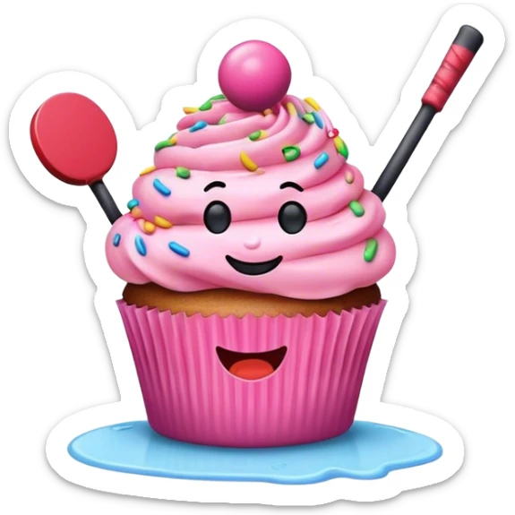 cupcake with pink frosting and sprinkles with a face holding a hockey puck sticker