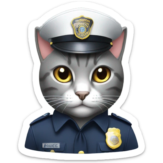 A gray cat dressed as a police officer with ‘Tokyo’ written on its police hat. sticker