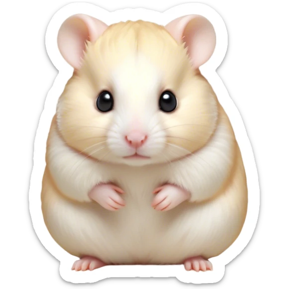 Cinematic Noble Cream Hamster Portrait Emoji, Poised and regal, with a tiny, compact build and a smooth, pristine cream fur, deep-set soulful dark eyes, Simplified yet sharp and sophisticated features, highly detailed, glowing with a soft, dignified glow, high shine, intelligent and energetic, stylized with an air of miniature elegance, focused and attentive, soft glowing outline, capturing the essence of a watchful and confident rodent, so majestic it feels as though it could scurry out of the screen with effortless authority! sticker