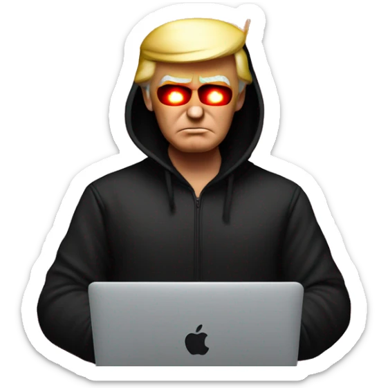 Donald Trump in a black hoodie with bright red glowing laser eyes typing on a MacBook, Donald Trump, black hoodie, bright red glowing eyes, typing on MacBook. sticker