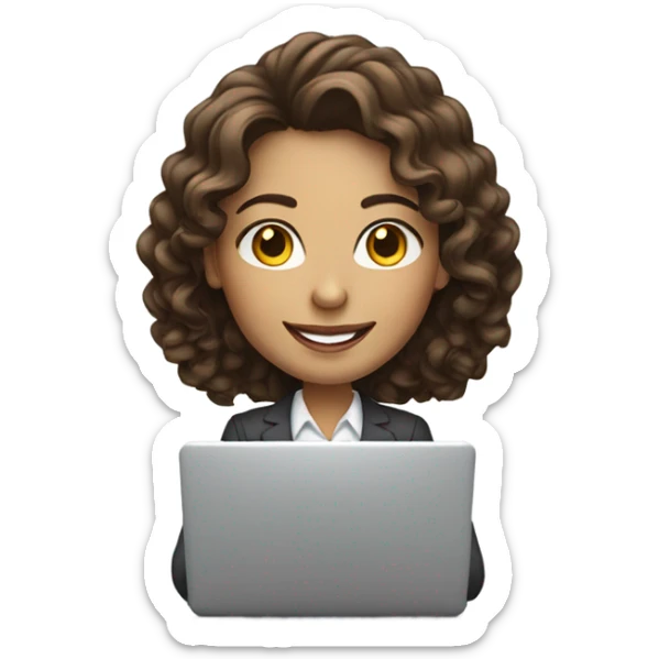Business woman typing on a laptop with long curly brown hair and white skin smiling sticker