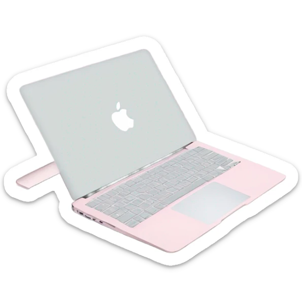 A sleek and modern MacBook Air laptop in a soft pastel pink color. The Apple logo on the back of the screen is white, contrasting elegantly with the pink finish. The laptop is slightly open, showing a glimpse of the white keyboard and silver edges. The design is minimalist and stylish, reflecting a premium aesthetic. sticker