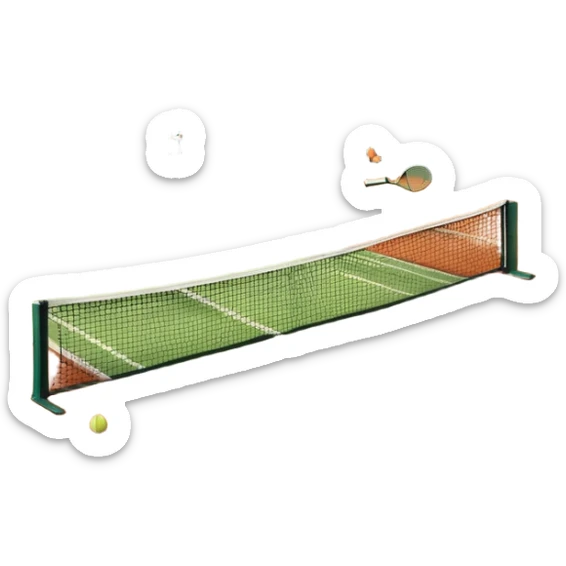 A tennis court at the Roland Garros tournament, with the iconic clay surface and a tennis ball bouncing near the net. The scene evokes the energy and excitement of the grand event, with vibrant crowds in the stands and a competitive atmosphere. sticker