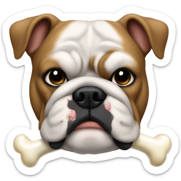 an bulldog, who has a bone in his mouth, he all black his coulour, he look cute sticker