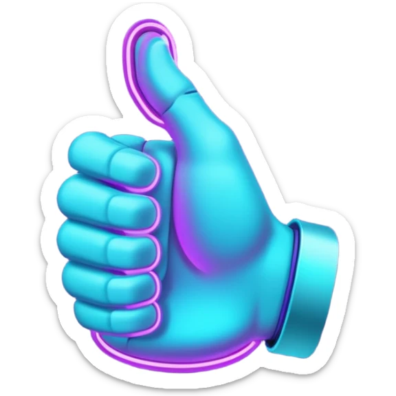 futuristic glowing thumbs up, neon purple and cyan light, dark background, digital tech style sticker