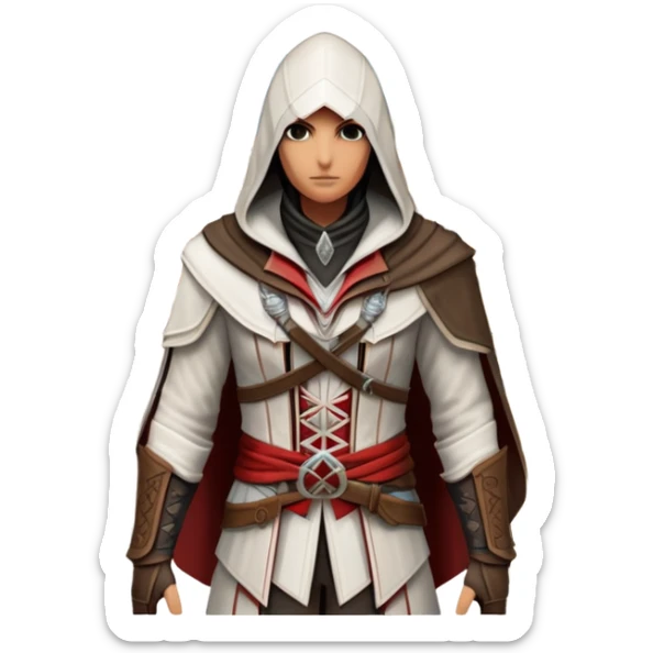 icon featuring Assasin's Creed in an iconic assassin's hood, standing tall against the backdrop of Florence. The design captures the essence of adventure, with intricate details of historical architecture and a sense of mystery. The character is poised, ready for action. transparent background. sticker