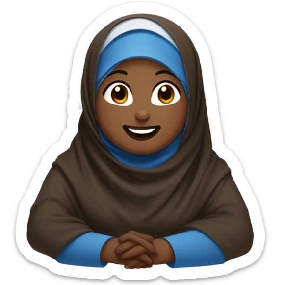 Black chubby Hijabi cry laughing sitting in brown abaya and white and blue hijab sticker