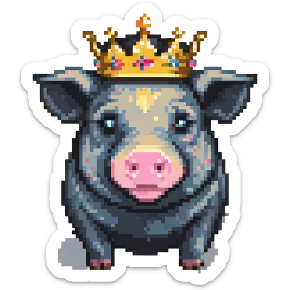 cute pig with a golden crown, chunky, colorful, simple, playful, pixel art style sticker