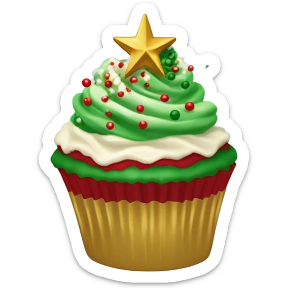 Christmas cupcake with a swirl of red and green frosting, snowflake sprinkles, and a gold star on top sticker