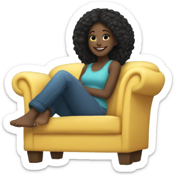 black girl, with straight hair, lounging on a comfy blue couch, with her feet up, looking relaxed, happy sticker