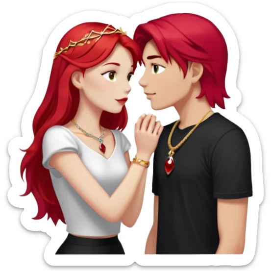 young couple kissing, girl with long cherry red hair and blonde eyebrows, gold A necklace, diamond ring, red bracelet, light clothes, boy with SHORT SNOW WHITE hair, silver ring with black stone, dark t-shirt sticker