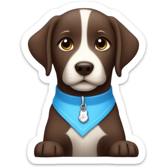 Chocolate labrador adorable little puppy with small white fur on chest and cute blue collar sticker