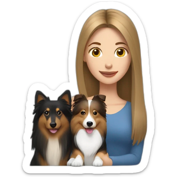 yong woman with light-broun straight hair holds a sable sheltie and bi-black sheltie sticker