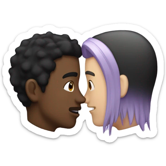 Two men kissing, one of the white with lavender hair and the other person is black with black hair sticker